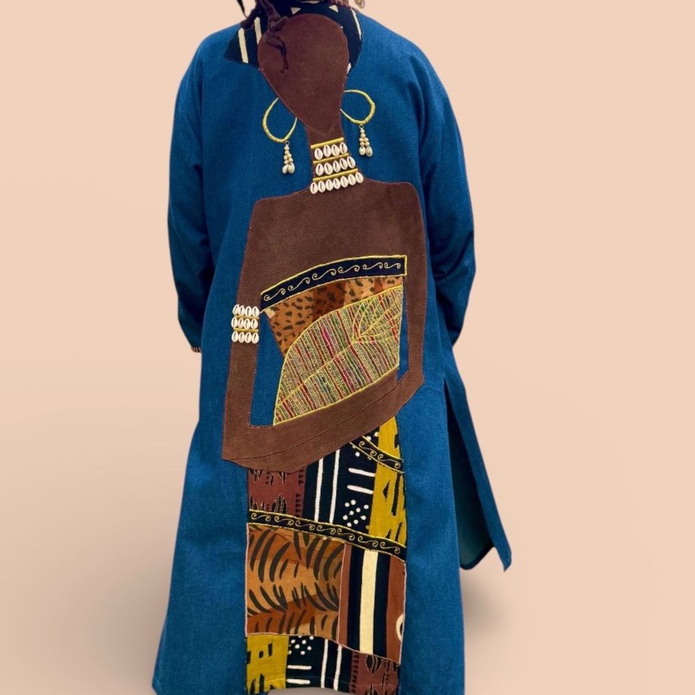 Vtg 90s Molato Jacket XL Denim Long Duster Abstract African Tribal Art Cowrie 2X - Picture 2 of 11